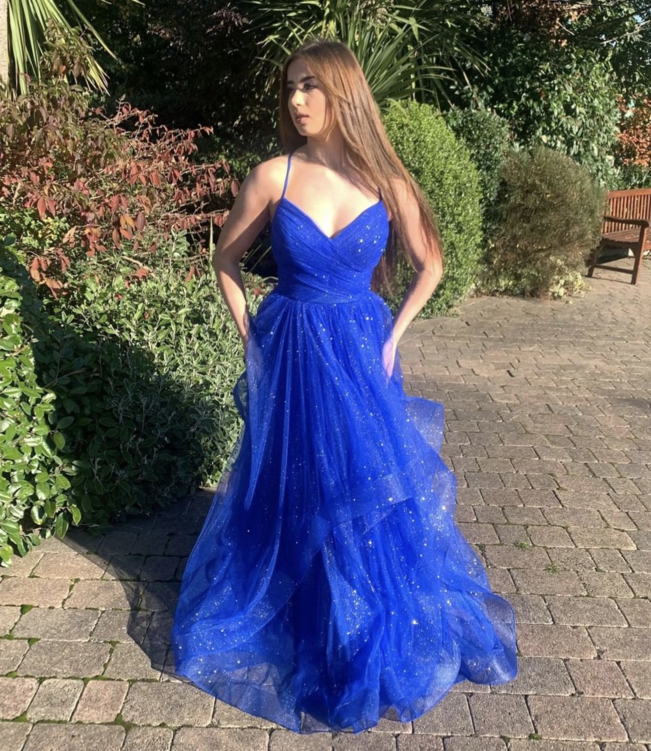 Blue tulle long prom dress A line evening dress