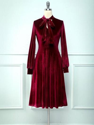 Dark Red Tea Length Velvet Mother Of the Bridal Dress