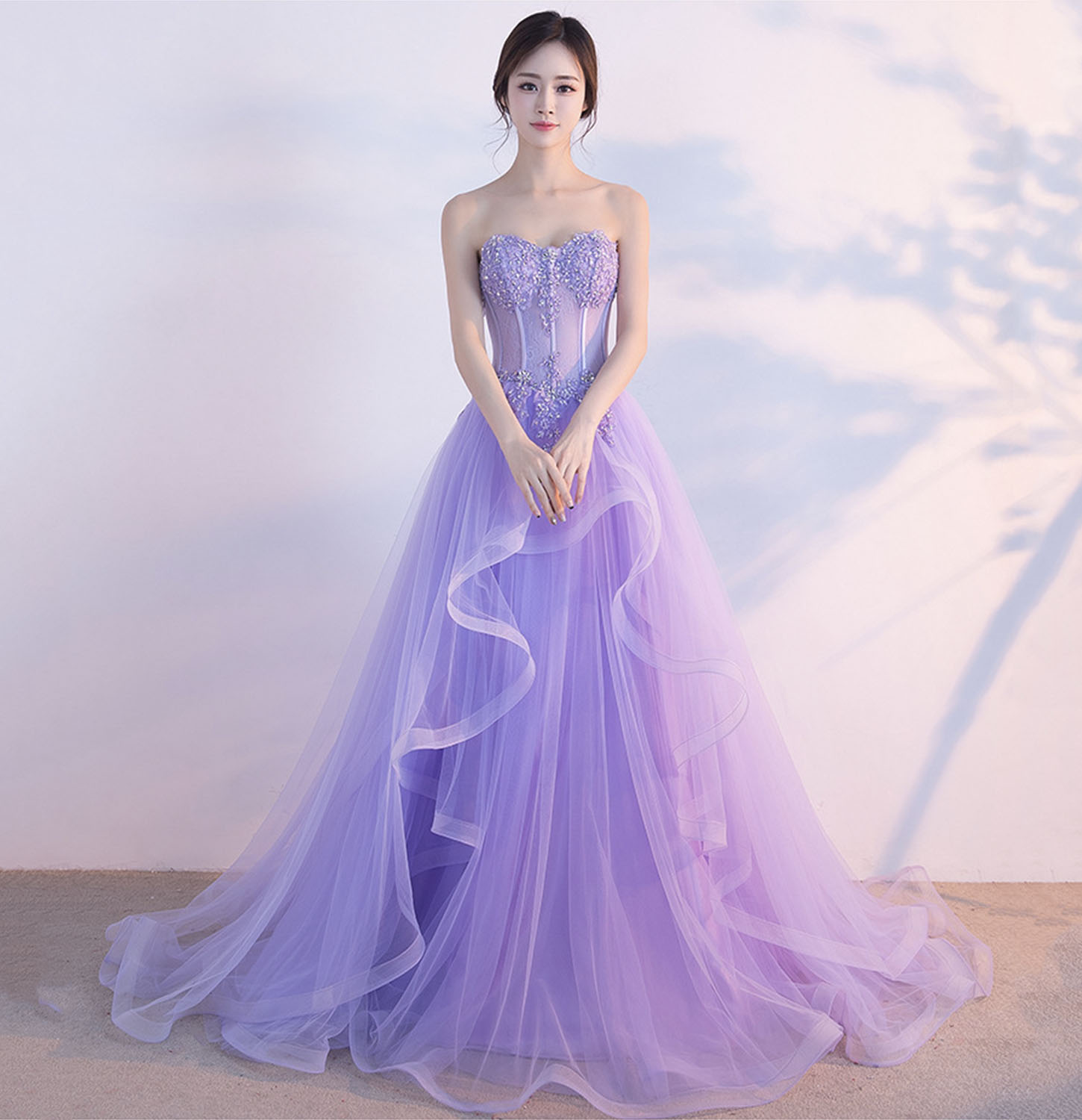 Purple tulle lace long prom dress evening gown