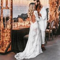 Boho Country Wedding Gowns Sexy V Neck Long Sleeves Sheath Bridal Dress Bohemian Lace Side Slit Backless Wedding Dress,1224 - Thumbnail 1