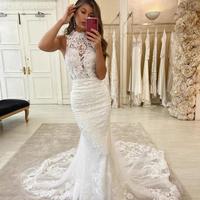 Halter Neck Mermaid Wedding Dresses Sleeveless Sexy Backless Lace Appliques Floor Length Long Train Bridal Gowns,1227 - Thumbnail 1
