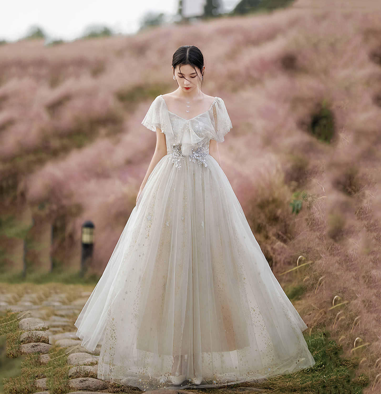 Cute tulle sequins long prom dress evening dress