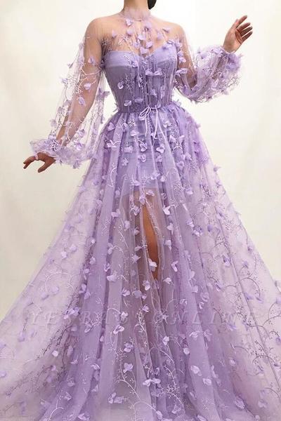 Sexy High Neck Tulle Long Sleeves Prom Dress With Front Slit