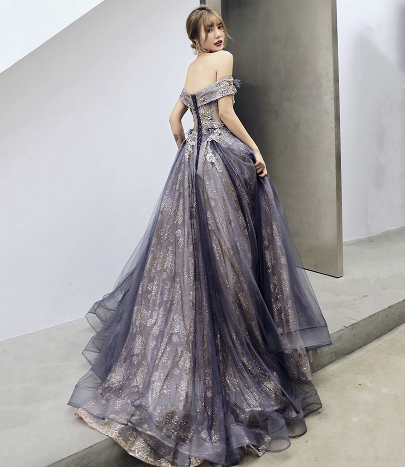 Purple tulle sequins long prom dress A line evening gown