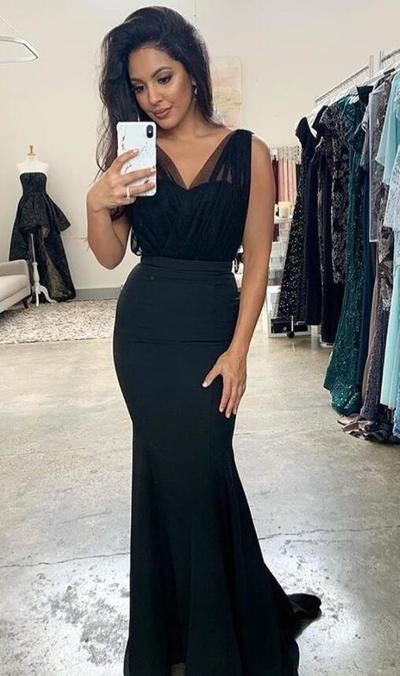 Mermaid Black V Neck Prom Dresses Evening Dress