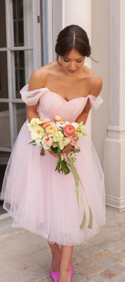 Off Shoulder Tea Length Pink Bridesmaid Dress Short Prom Dress