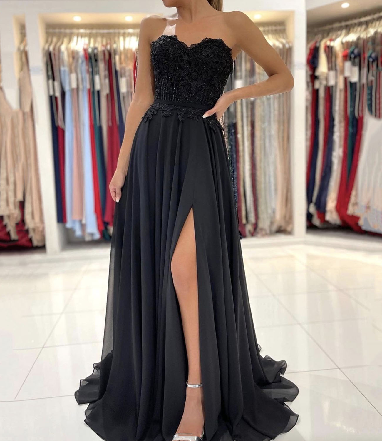 Black chiffon lace long prom dress black evening dress