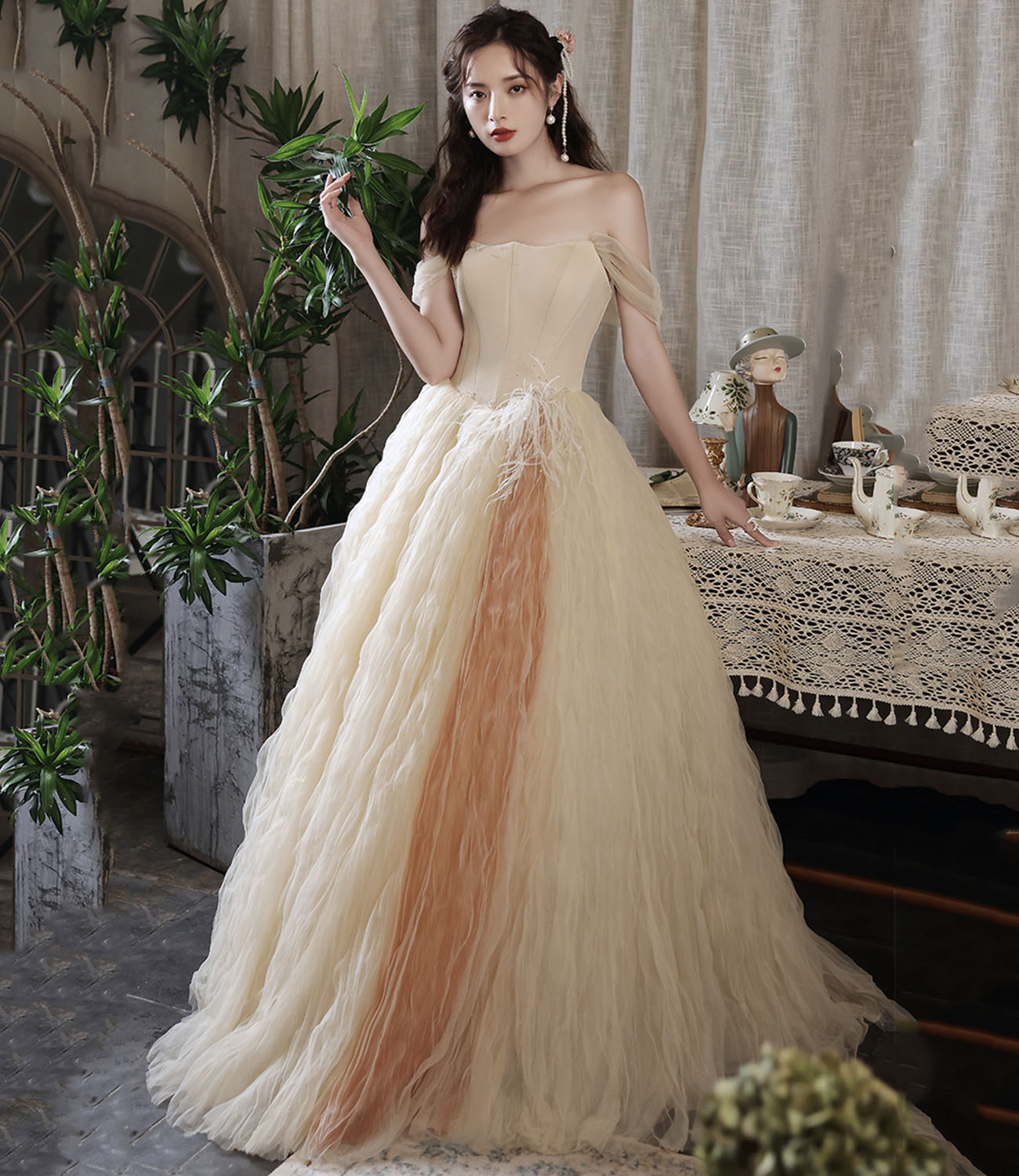 Champagne tulle long prom dress A line evening dress