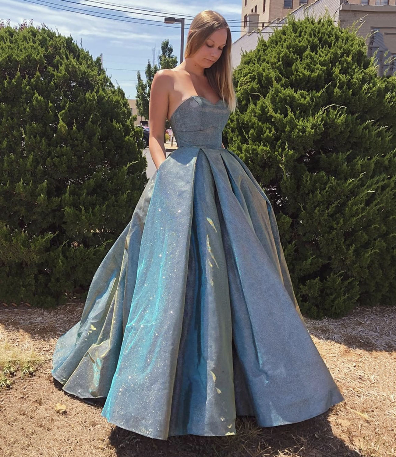 Blue satin long ball gown dress blue evening gown