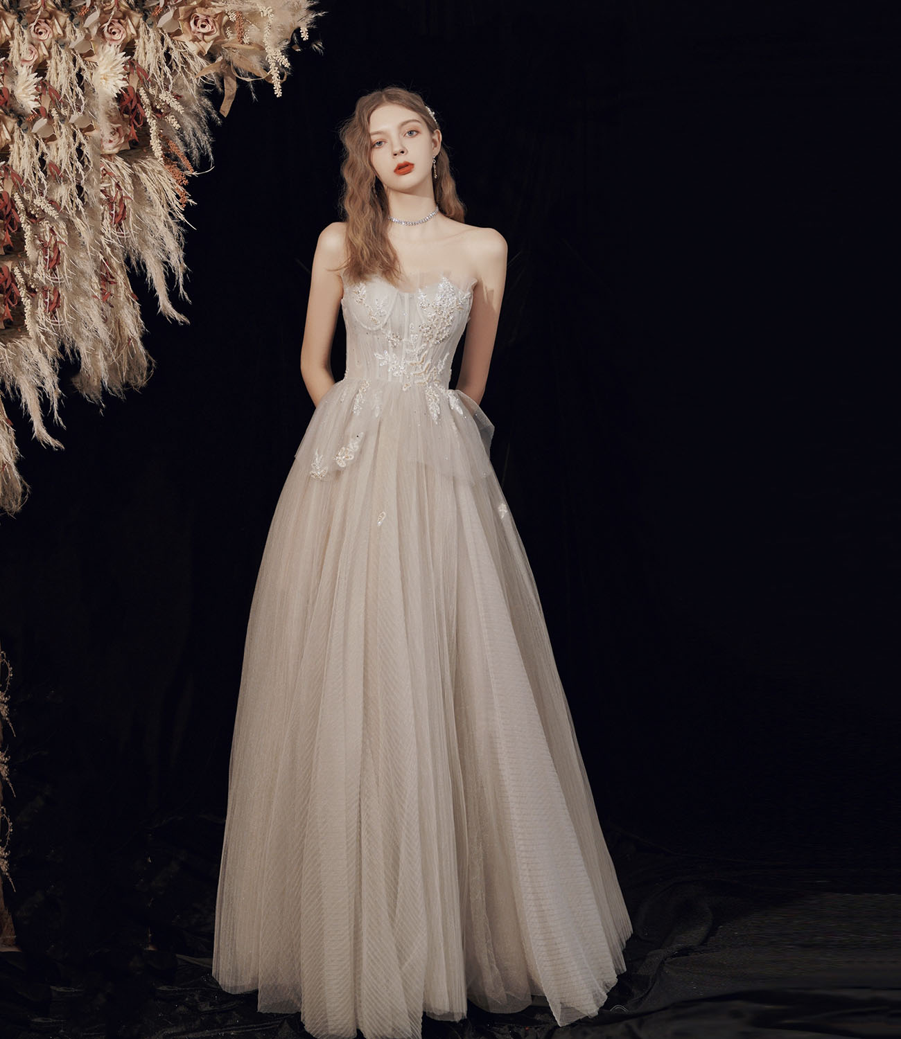 Cute tulle sequins long prom dress evening dress