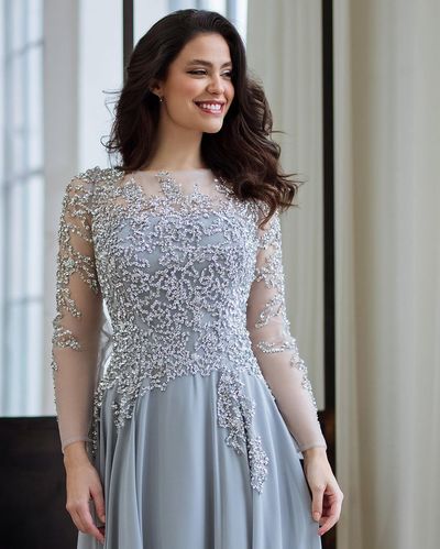 Elegant A-Line Long Sleeve Silver Long Prom Dresses Mother of the Bride Dresses