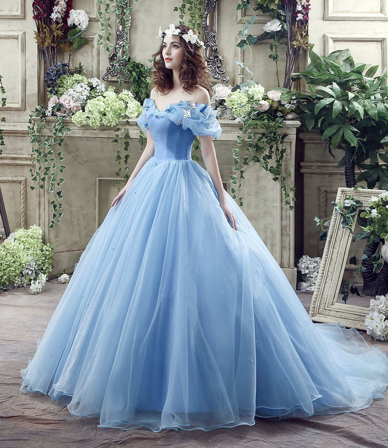 Blue tulle long A line prom dress evening gown