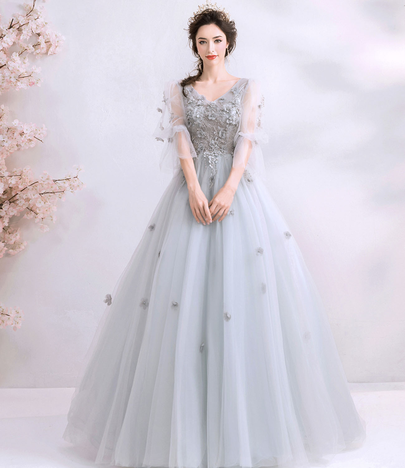 Gray tulle lace long prom dress A line evening gown