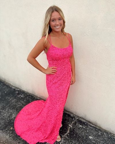 Sparkly Mermaid Scoop Neck Hot Pink Sequins Prom Dresses