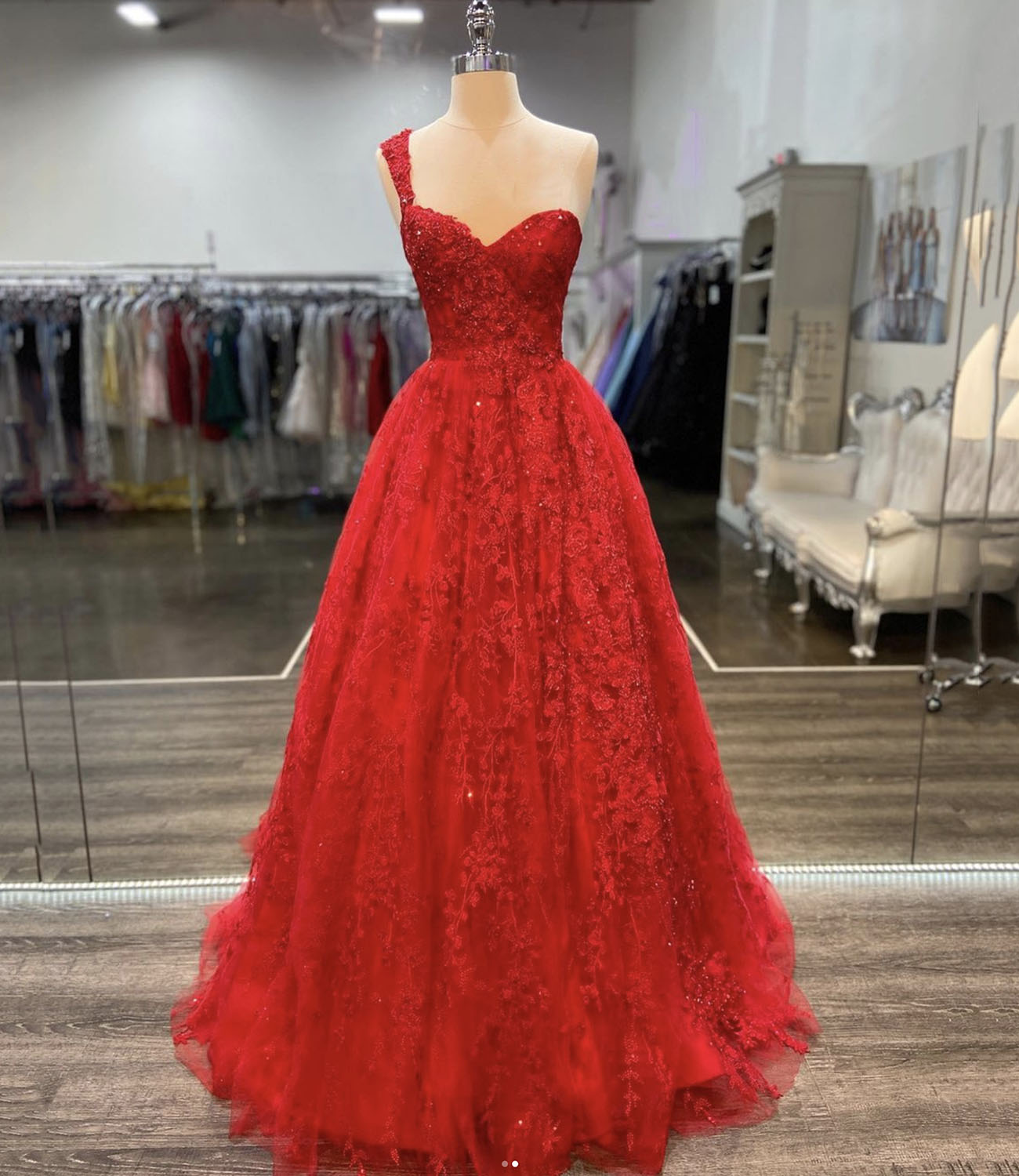 Red lace long A line prom dress red evening dress