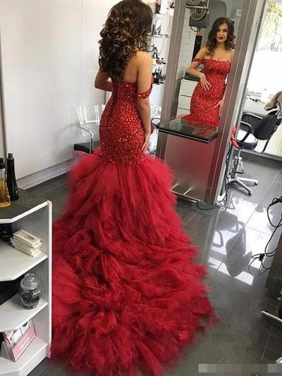 Off Shoulder Mermaid Red Prom Dress,Sexy Evening Dress