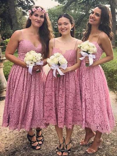 Spaghetti Strap Dusty Rose Sleeveless Lace Bridesmaid Dresses