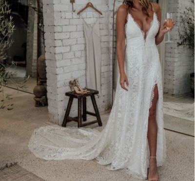 Spaghetti Straps Slit Side Wedding Dresses Bridal Gown,664