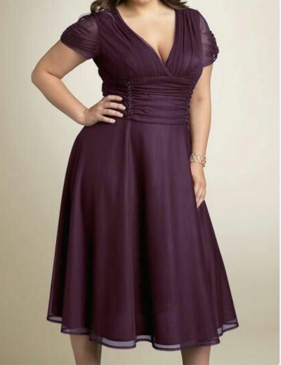 Short Sleeve Purple Plus Size Party Dress,667