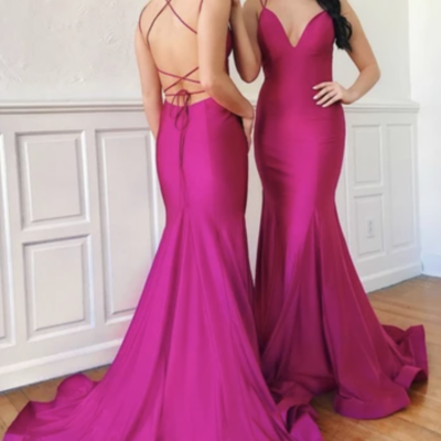 Fuchsia mermaid prom dresses criss cross - Thumbnail 3