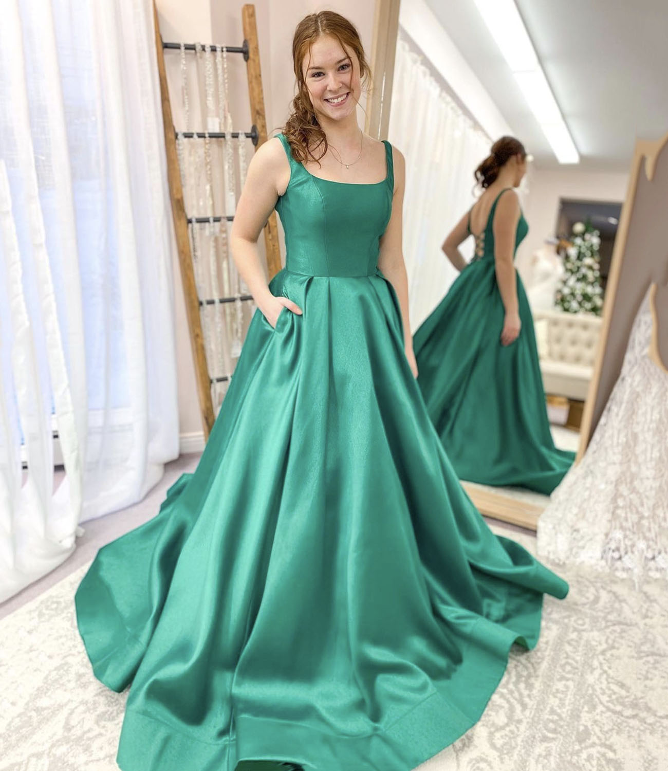 Green satin long prom dress green evening gown