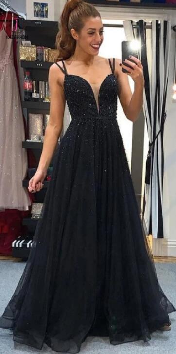Fashion A-line Black Tulle Long Prom Dress with Beading