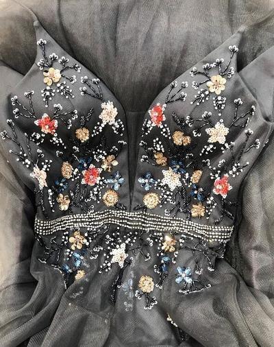 A Line Black Tulle Long Prom Dress with Beaded Floral