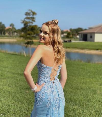 Light Blue Mermaid Long Prom Dress with Lace