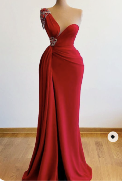 One Shoulder Red Prom Dresses with Beading