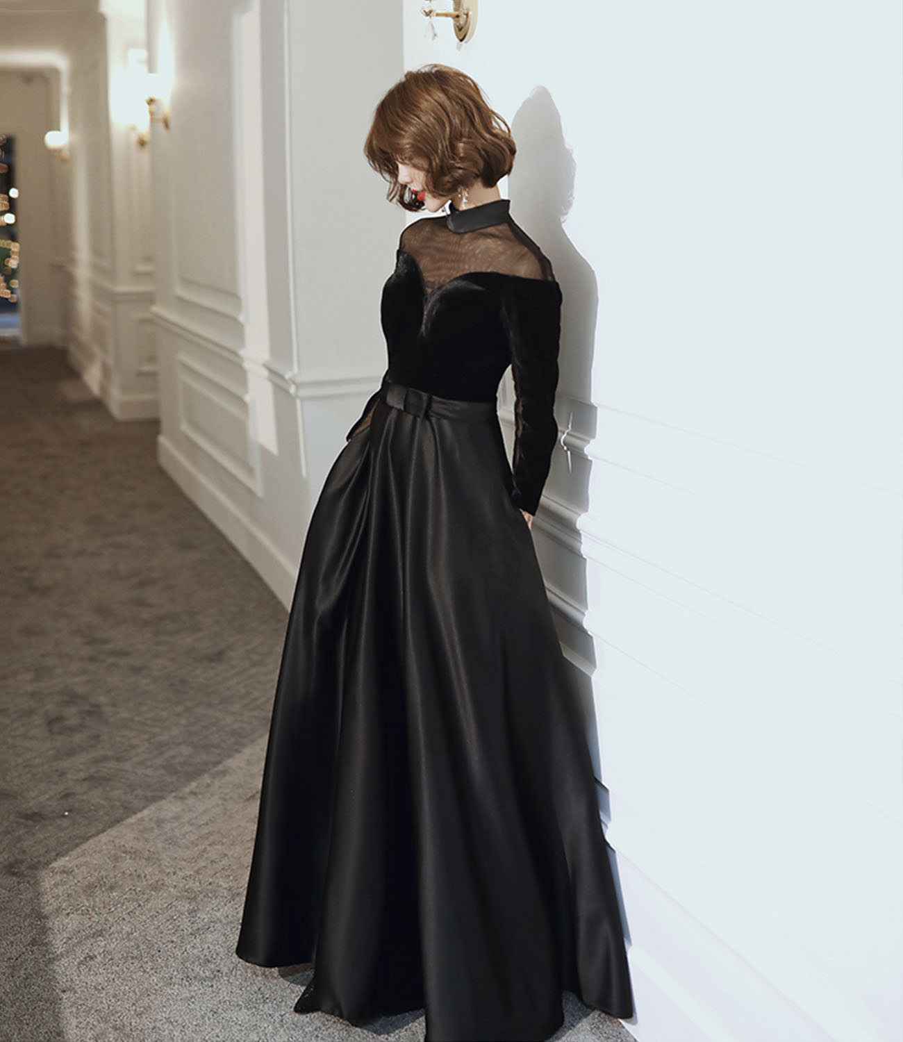 Elegant see-through black long prom dress A line evening gown