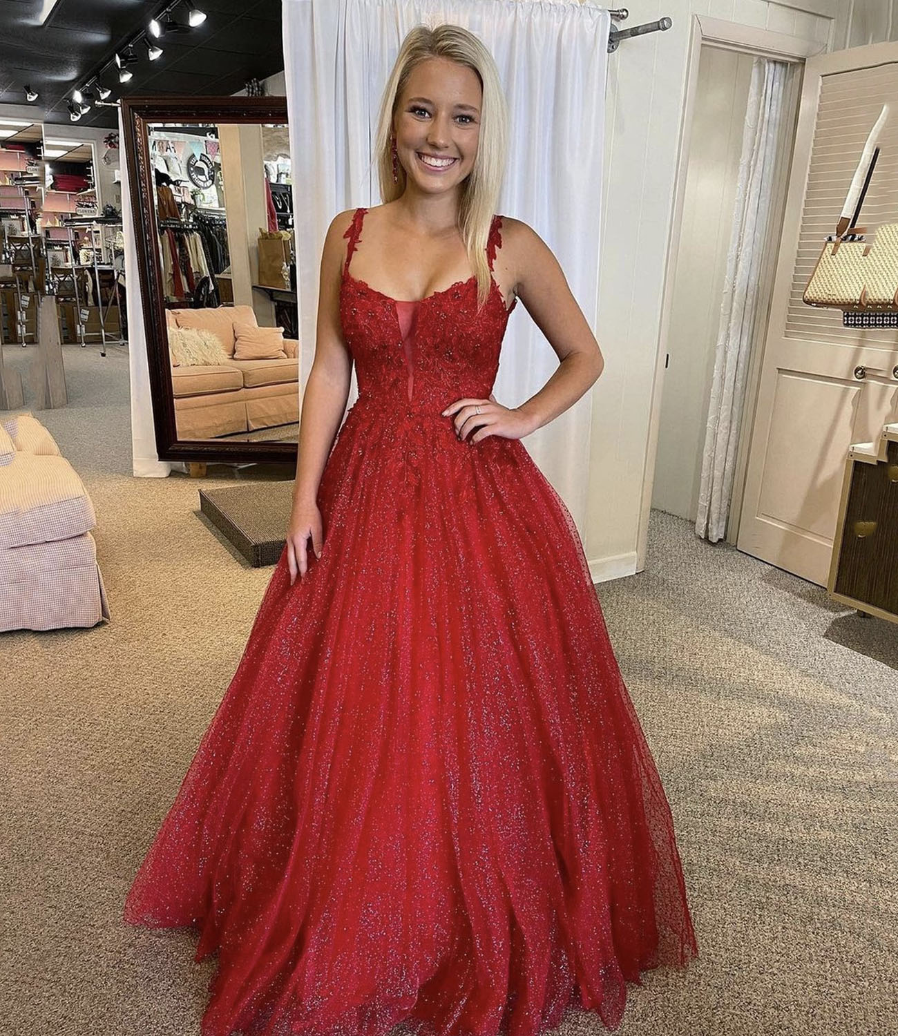 Red lace sequins long prom dress red evening dress