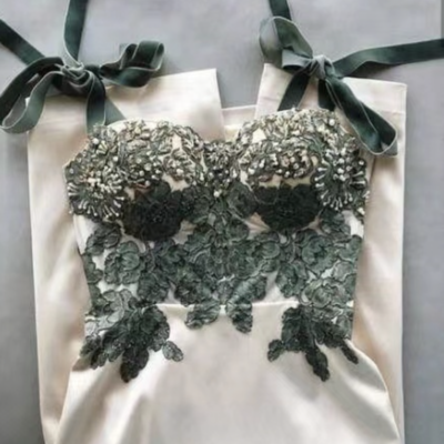 Ankle length prom dresses with dark green lace  - Thumbnail 1