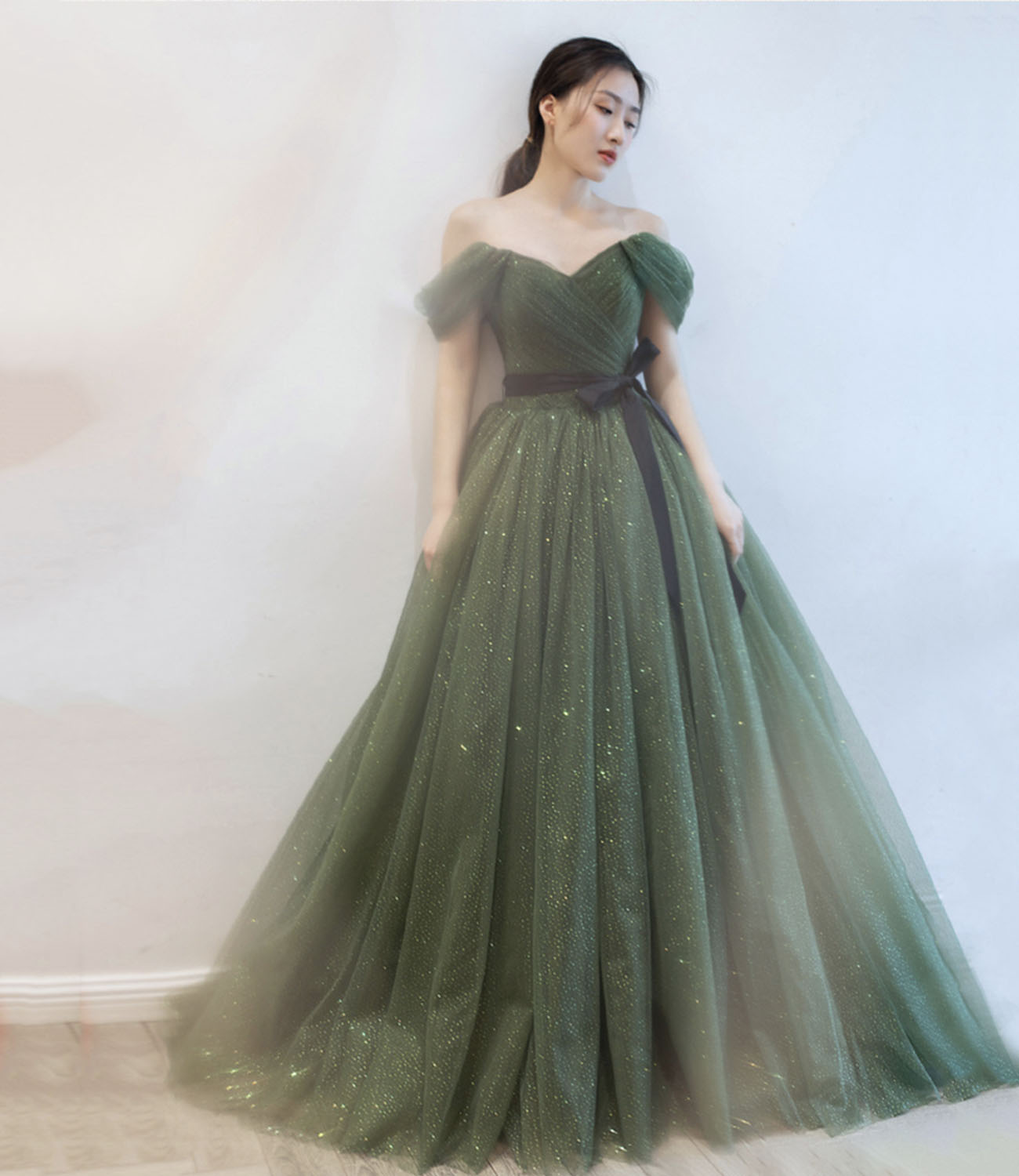 Green Tulle Long Prom Dress A Line Evening Dress