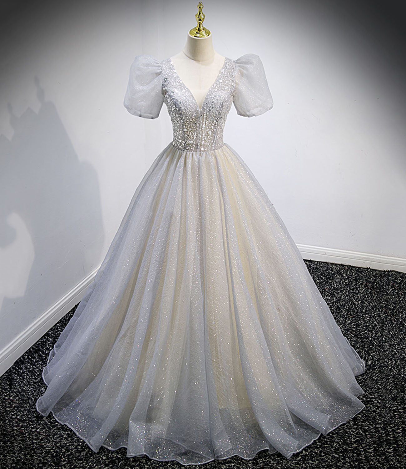 Gray tulle sequins long prom dress gray evening dress