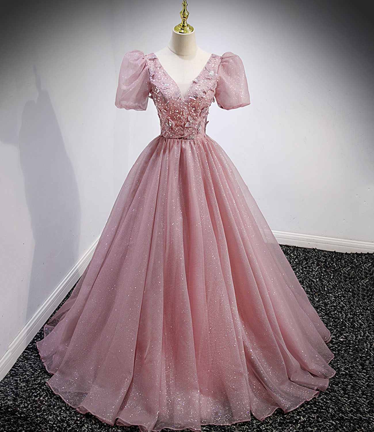 Pink tulle sequins long prom dress pink evening gown