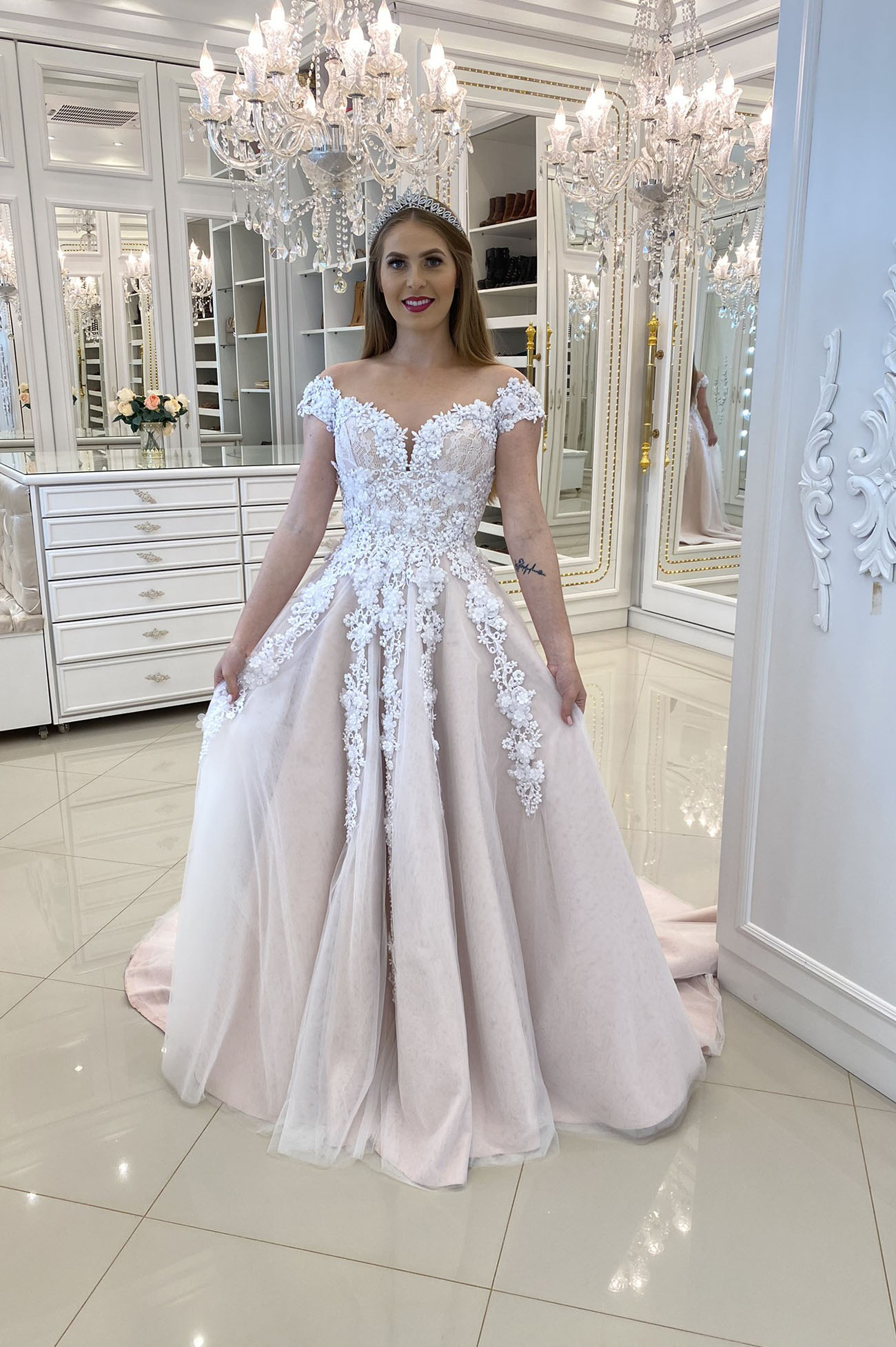 Champagne tulle lace long prom dress A line evening gown