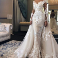 Long Sleeve Boat Neck Lace Wedding Dresses,1232 - Thumbnail 2