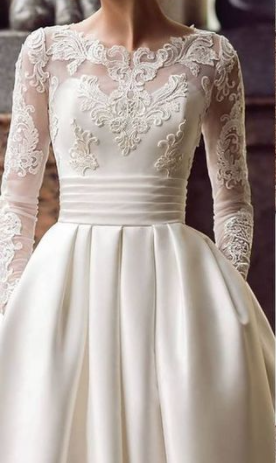 Gorgeous A-Line Long Sleeves Ivory Satin Wedding Dress with Appliques,1234