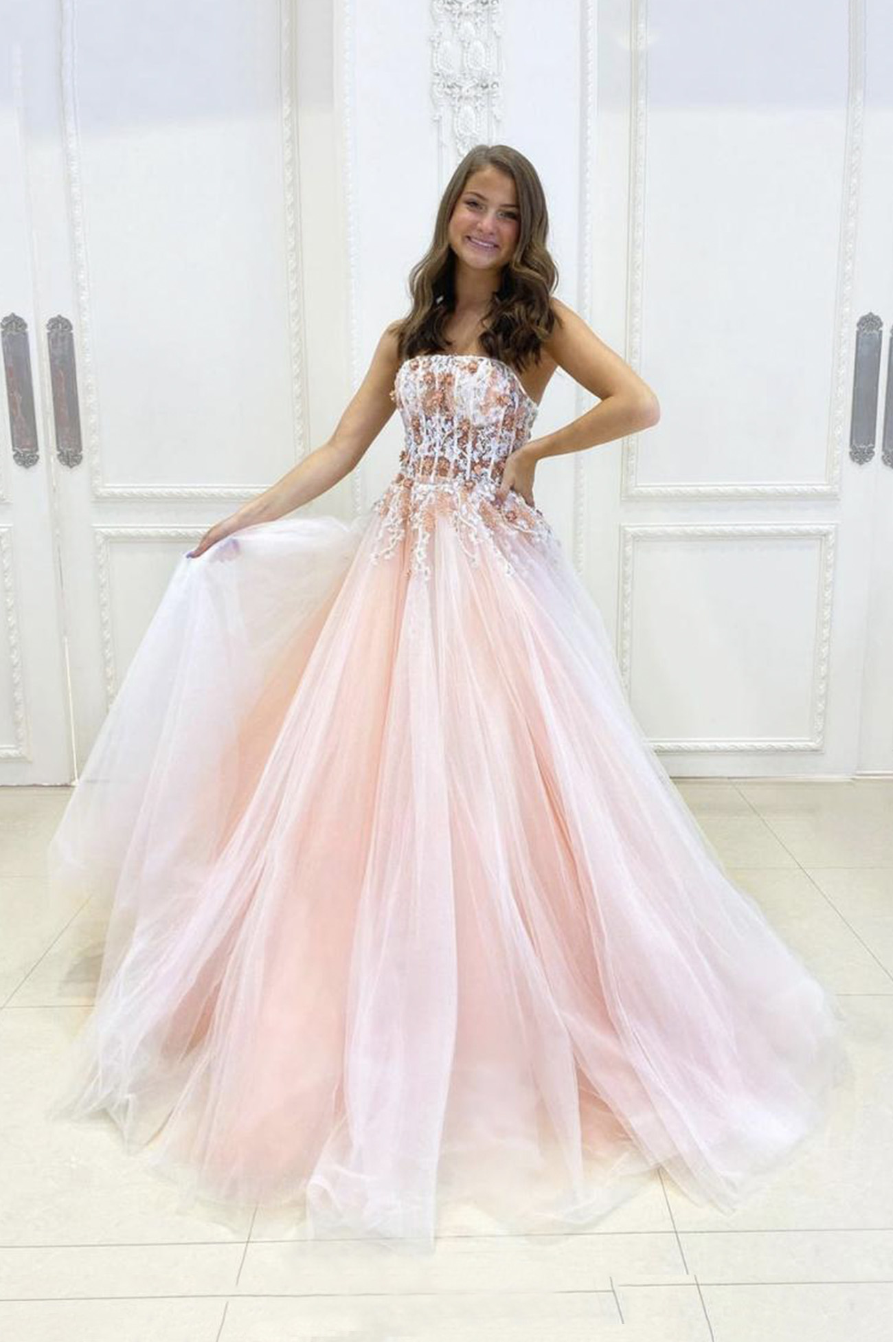 Pink tulle lace long prom dress pink evening dress