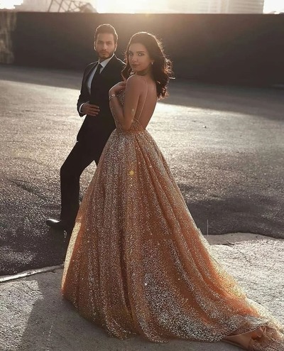 Ball Gown Gold Prom Dress,Charming Backless Evening Dress,Prom Dresses,1244