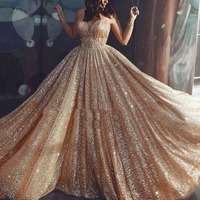 Ball Gown Gold Prom Dress,Charming Backless Evening Dress,Prom Dresses,1244 - Thumbnail 1