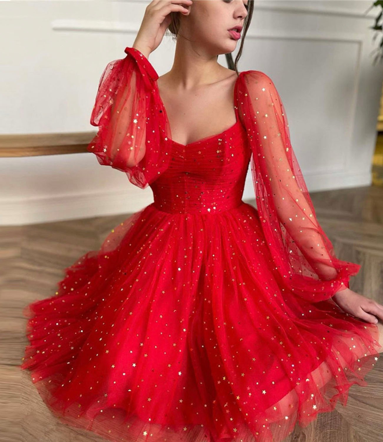 Red tulle long sleeve prom dress homecoming dress