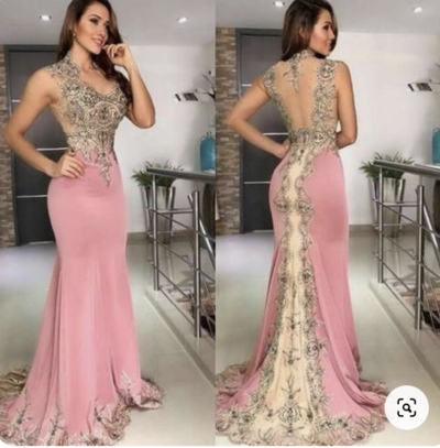 V Neck Pink Prom Dresses Mermaid