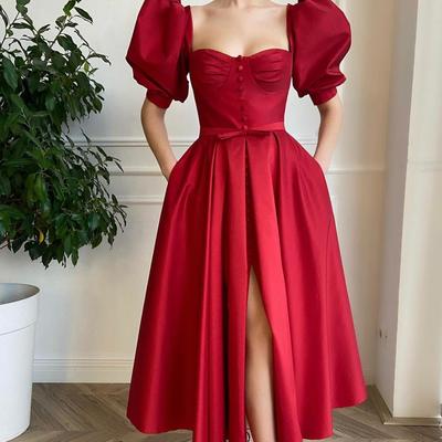 Stunning a-line sweetheart half sleeve red satin ankle length prom evening dresses with split - Thumbnail 2