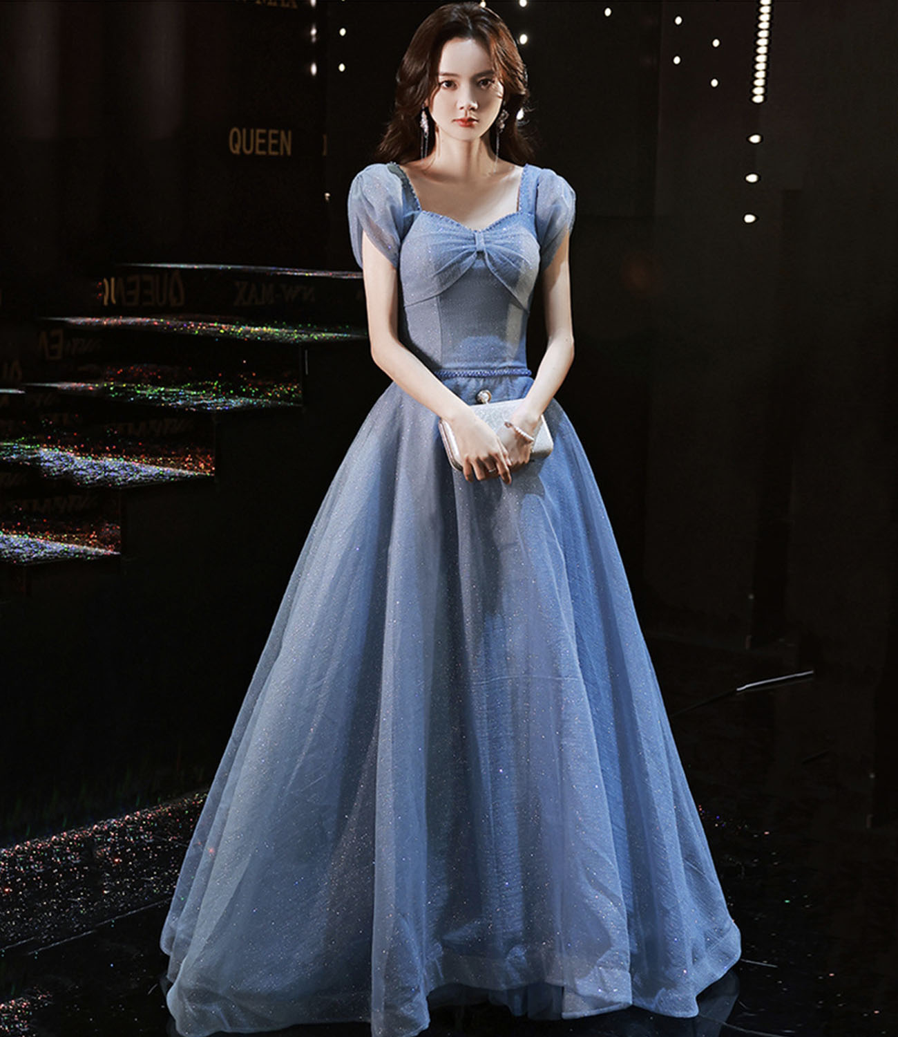 Blue tulle long prom dress blue evening dress
