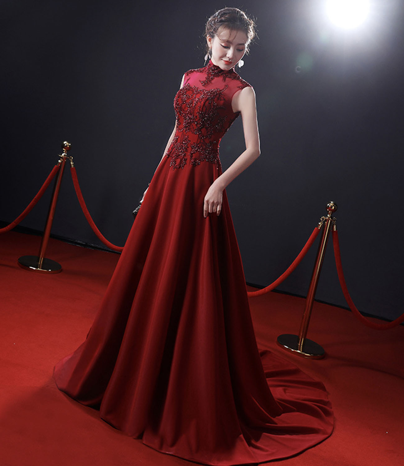 Red high neck beads long prom dress A line evening dress
