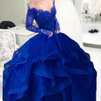 V Neck Royal Blue Ball Gowns Prom Dresses with Appliques Lace,673