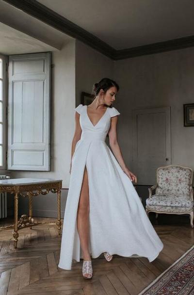 Vintage Cap Sleeve A-Line Cross Back Satin Wedding Dresses