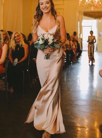 Light Champagne Silk Satin Long Prom/Bridesmaid Dresses with Front Slit