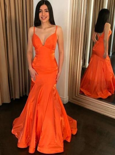 Mermaid V Neck Orange Long Prom Dresses Formal Dresses